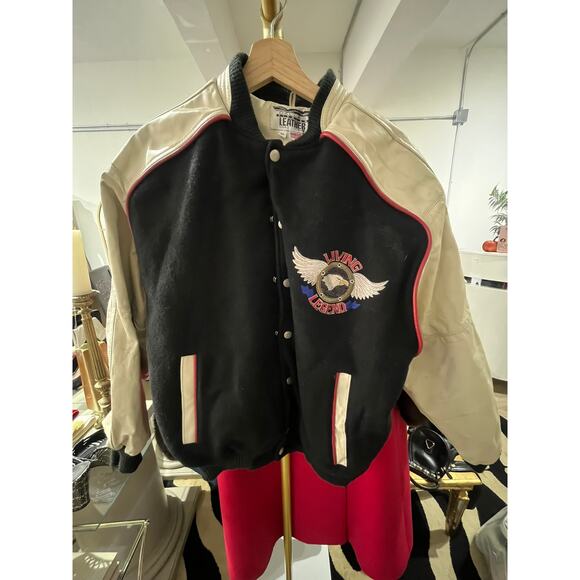 Dallas Premium Leather Other - Vintage Living Legend Leather & Wool Varsity Jacket Black Cream Eagle Bomber